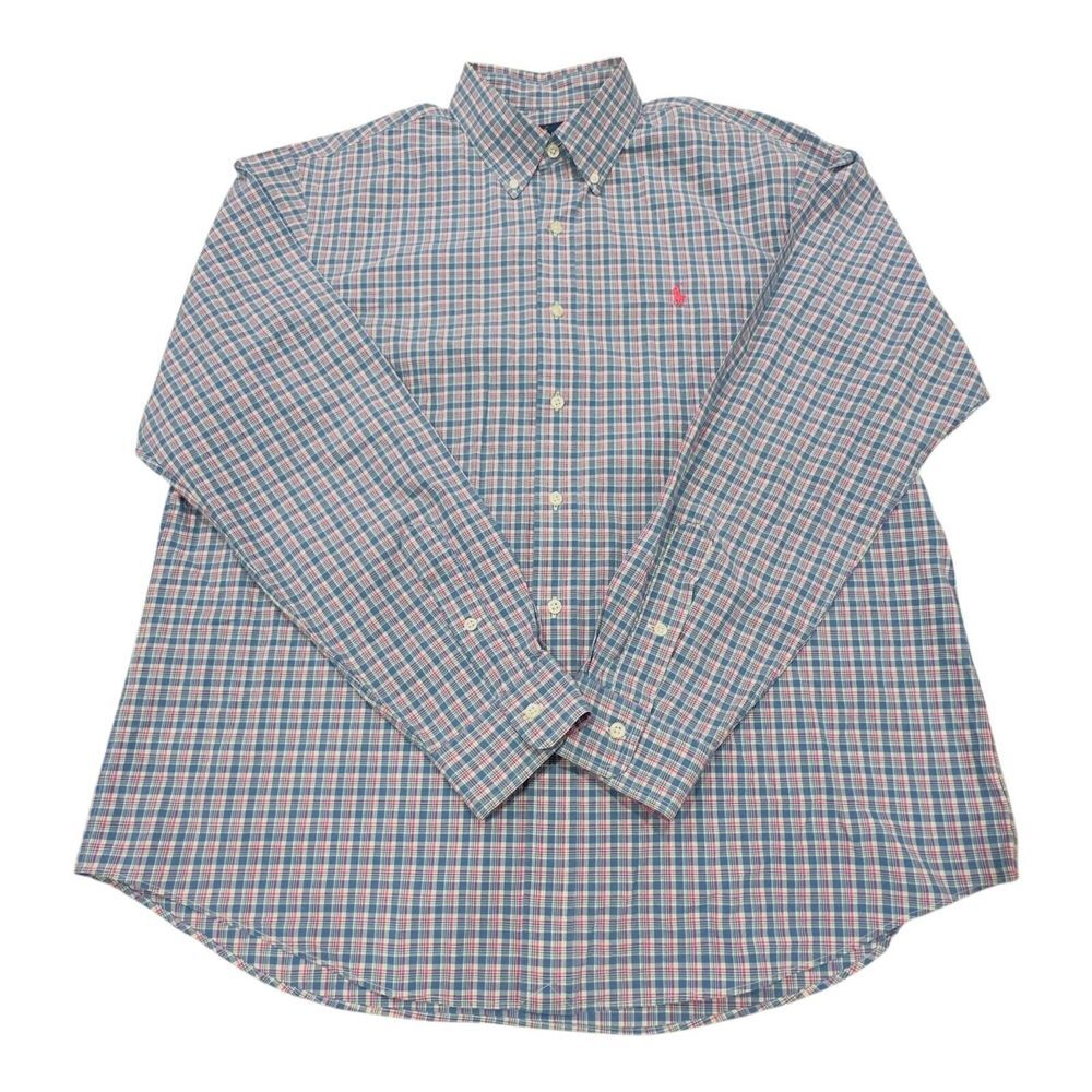 Ralph Lauren Men Shirt XL Plaid Button Up Long‎ Sleeve Pink Pony Preppy